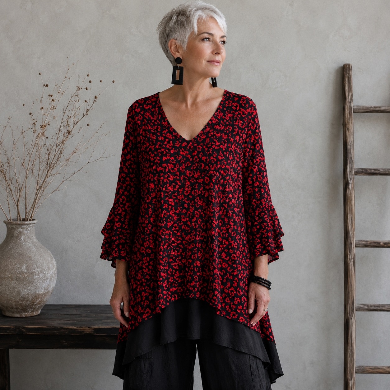 Calessa Black Red Graphic Half Sleeve Mesh Knit Top 1x
